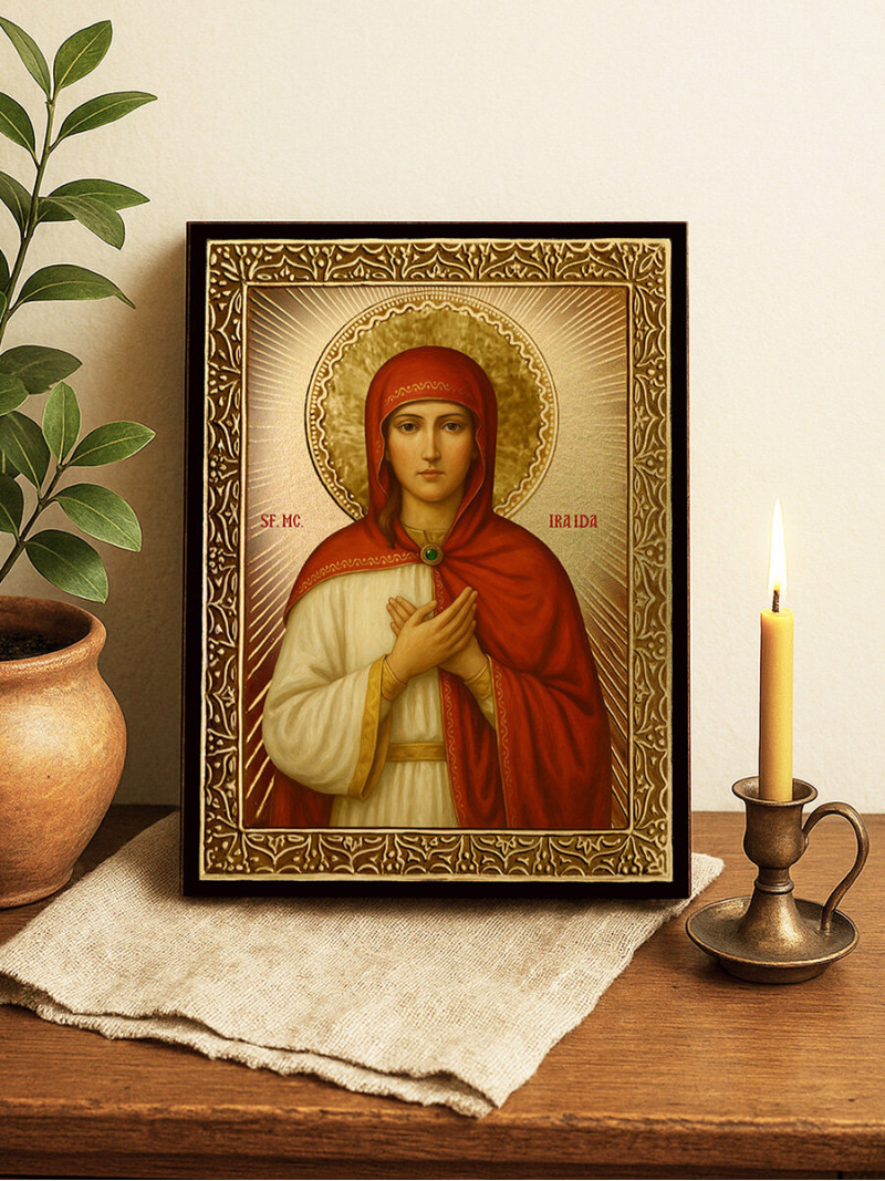 Icoană cu Sfânta Iraida cu raze aurii decorative