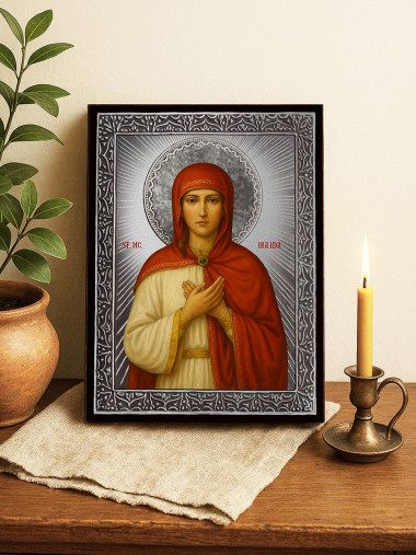 Icoană cu Sfânta Iraida cu raze argintii decorative