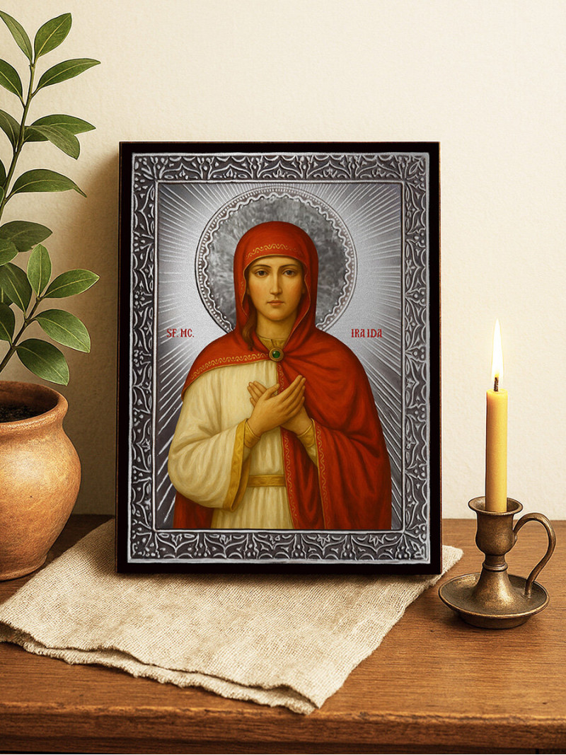 Icoană cu Sfânta Iraida cu raze argintii decorative