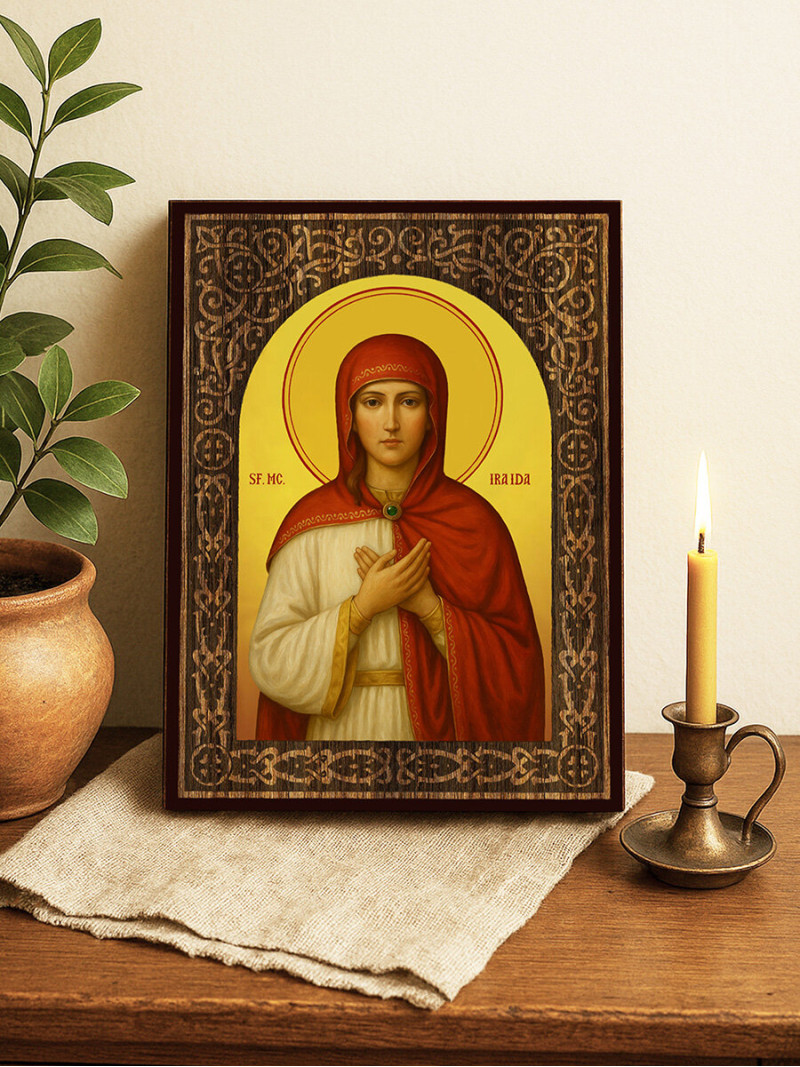 Icoană cu Sfânta Iraida cu arcadă decorativă din lemn