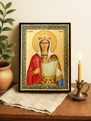 Icoană aurită cu Sfânta Irina și ramă decorativă