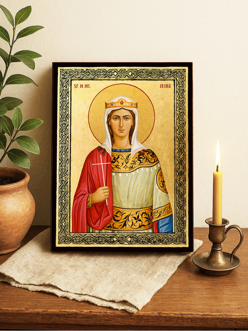 Icoană aurită cu Sfânta Irina și ramă decorativă