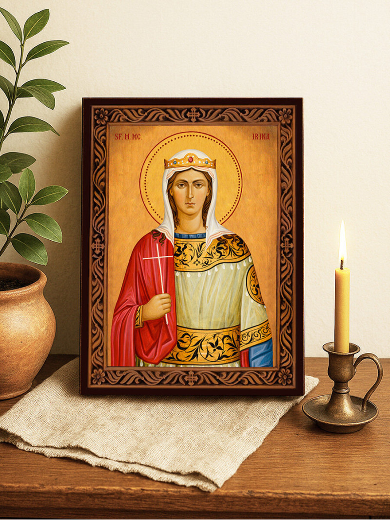 Icoană cu Sfânta Irina cu ramă decorativă stil sculptat