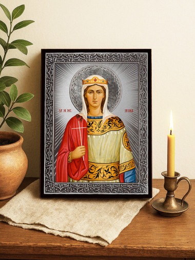 Icoană cu Sfânta Irina cu raze argintii decorative