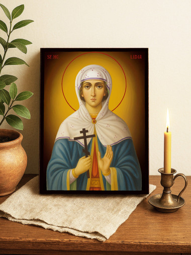 Icoană cu Sfânta Lidia cu fundal galben luminos