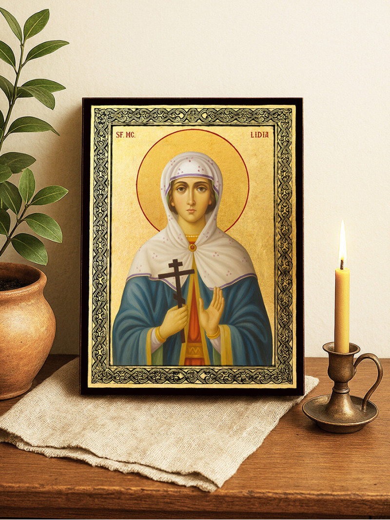 Icoană aurită cu Sfânta Lidia și ramă decorativă