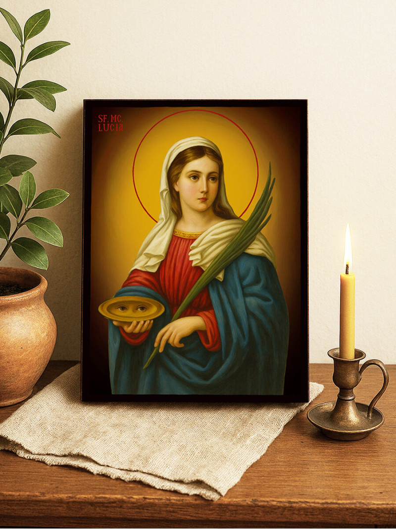 Icoană cu Sfânta Lucia cu fundal galben luminos