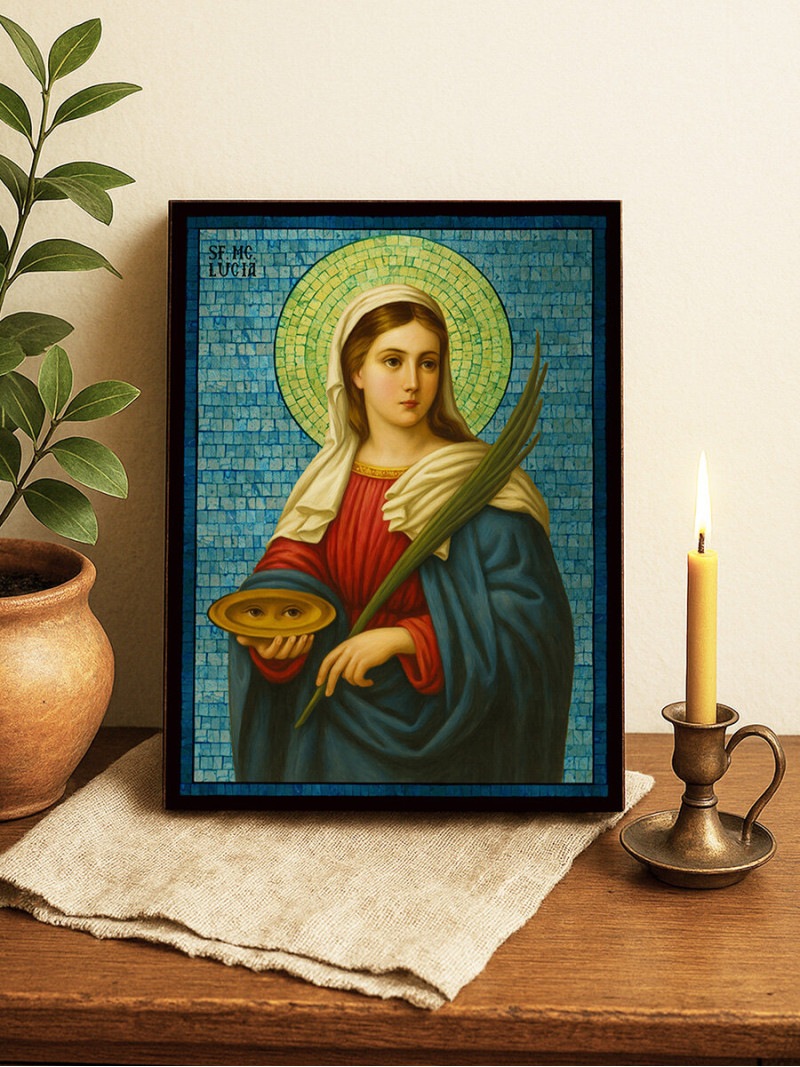Icoană cu Sfânta Lucia cu mozaic argintiu albastru