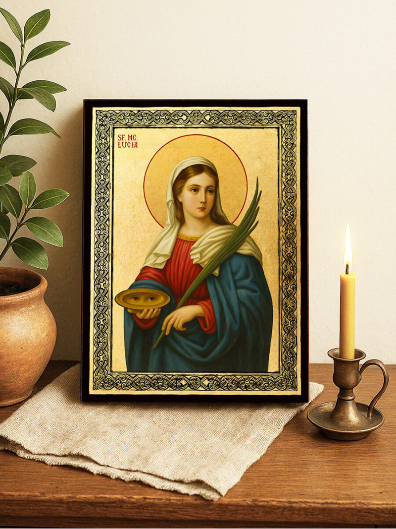 Icoană aurită cu Sfânta Lucia și ramă decorativă