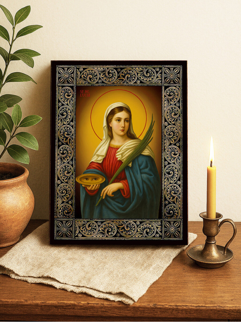 Icoană cu Sfânta Lucia și ramă florală decorativă