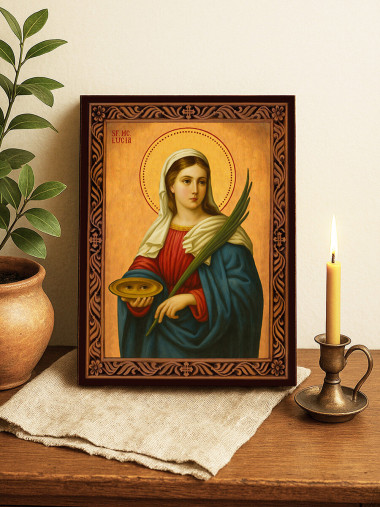 Icoană cu Sfânta Lucia cu ramă decorativă rustică