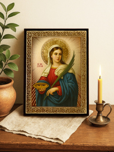 Icoană aurită cu Sfânta Lucia și raze luminoase