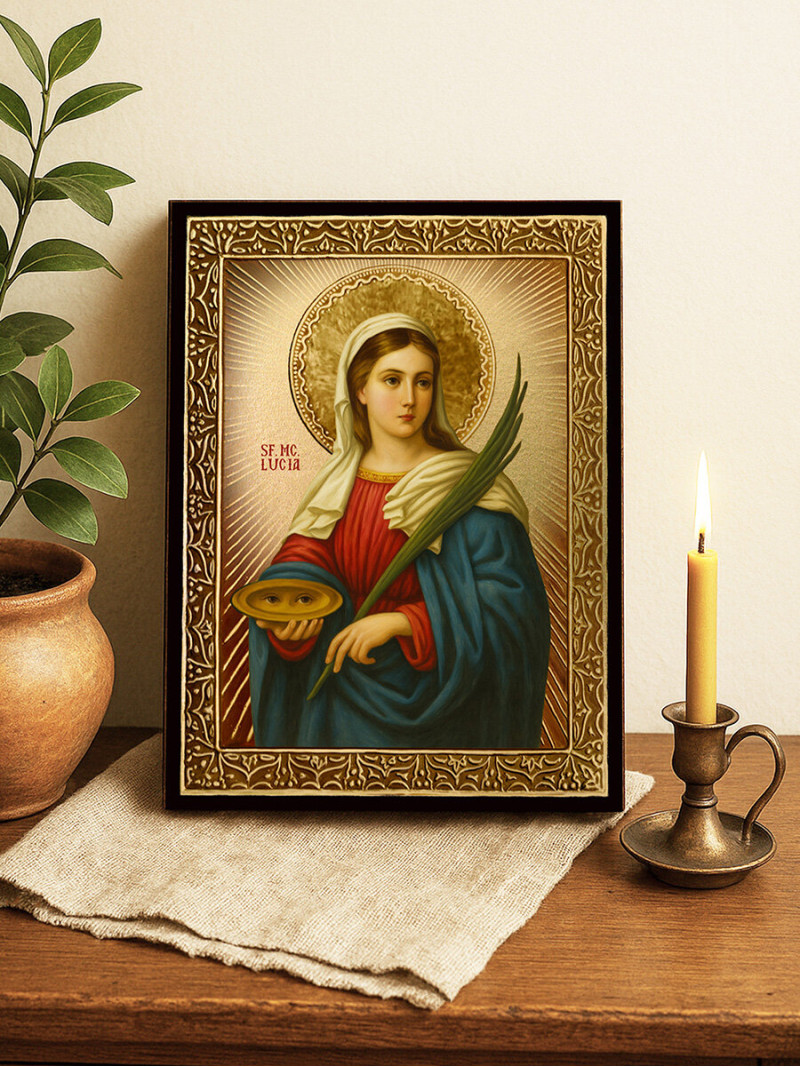Icoană aurită cu Sfânta Lucia și raze luminoase
