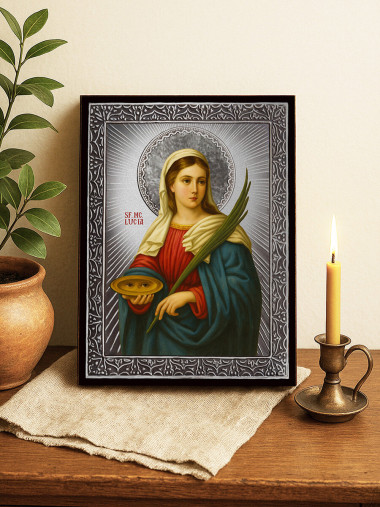 Icoană din argint cu Sfânta Lucia și raze decorative