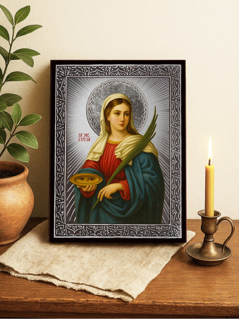 Icoană din argint cu Sfânta Lucia și raze decorative