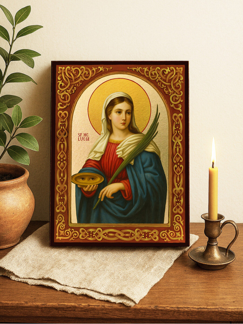 Icoană cu Sfânta Lucia cu arcadă florală și fundal auriu