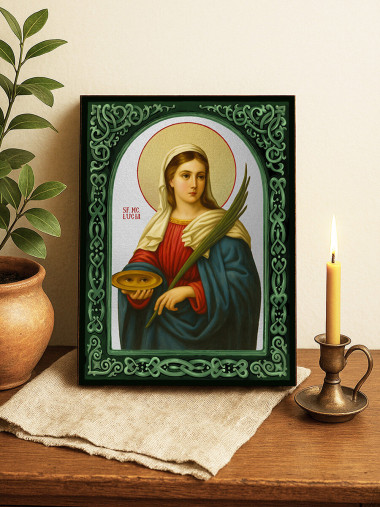 Icoană cu Sfânta Lucia cu arcadă florală verde și fundal argintiu