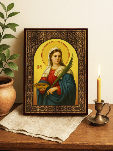 Icoană cu Sfânta Lucia cu arcadă florală cu textură de lemn