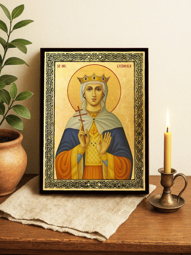 Icoană aurită cu Sfânta Ludmila Cehă și ramă decorativă