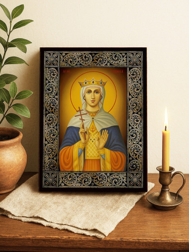 Icoană cu Sfânta Ludmila Cehă și ramă florală decorativă