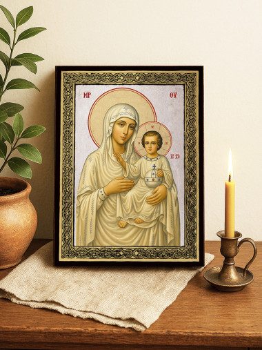 Icoană cu Sfânta Maica Domnului Ierusalim pe fundal argintiu cu ramă aurie