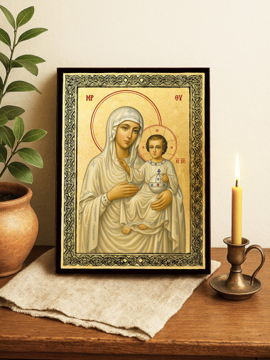 Icoană aurită cu Sfânta Maica Domnului Ierusalim și ramă decorativă