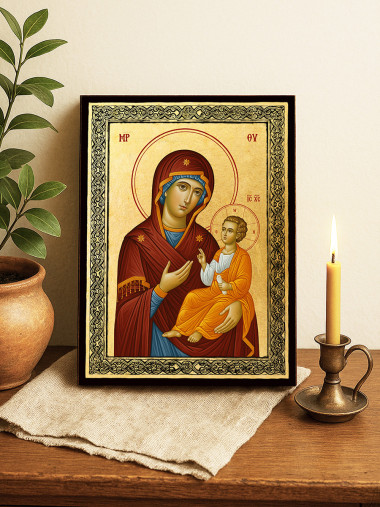 Icoană aurită cu Sfânta Maica Domnului Iverska și ramă decorativă