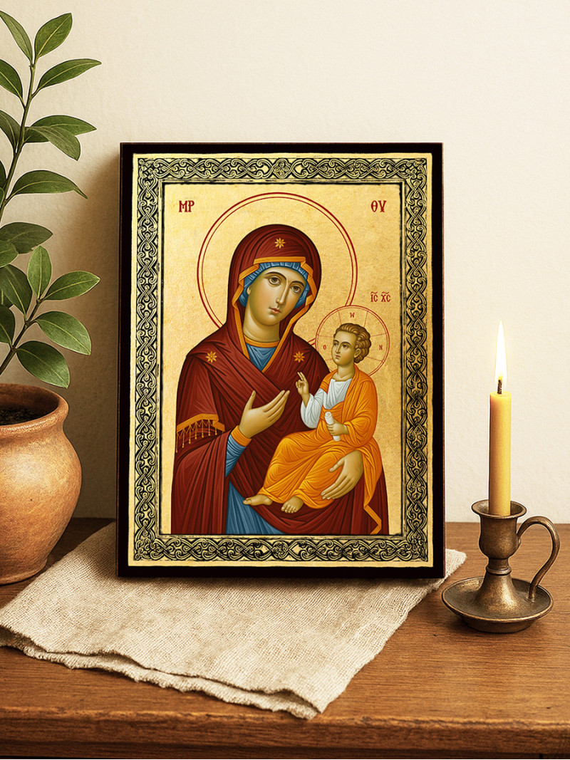 Icoană aurită cu Sfânta Maica Domnului Iverska și ramă decorativă