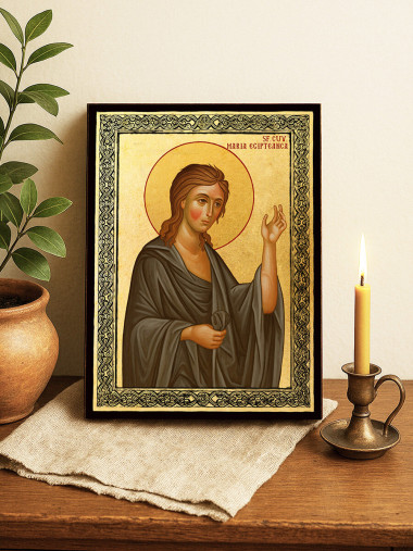 Icoană aurită cu Sfânta Maria Egipteana și ramă decorativă