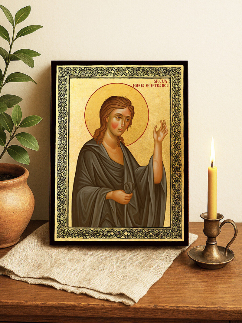 Icoană aurită cu Sfânta Maria Egipteana și ramă decorativă