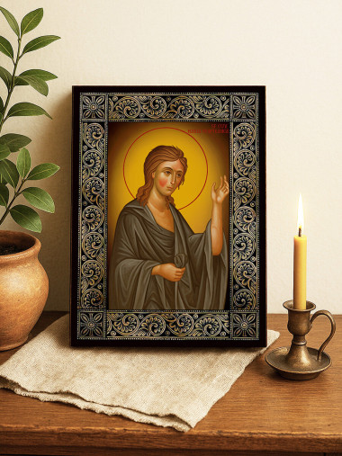 Icoană cu Sfânta Maria Egipteana și ramă florală decorativă