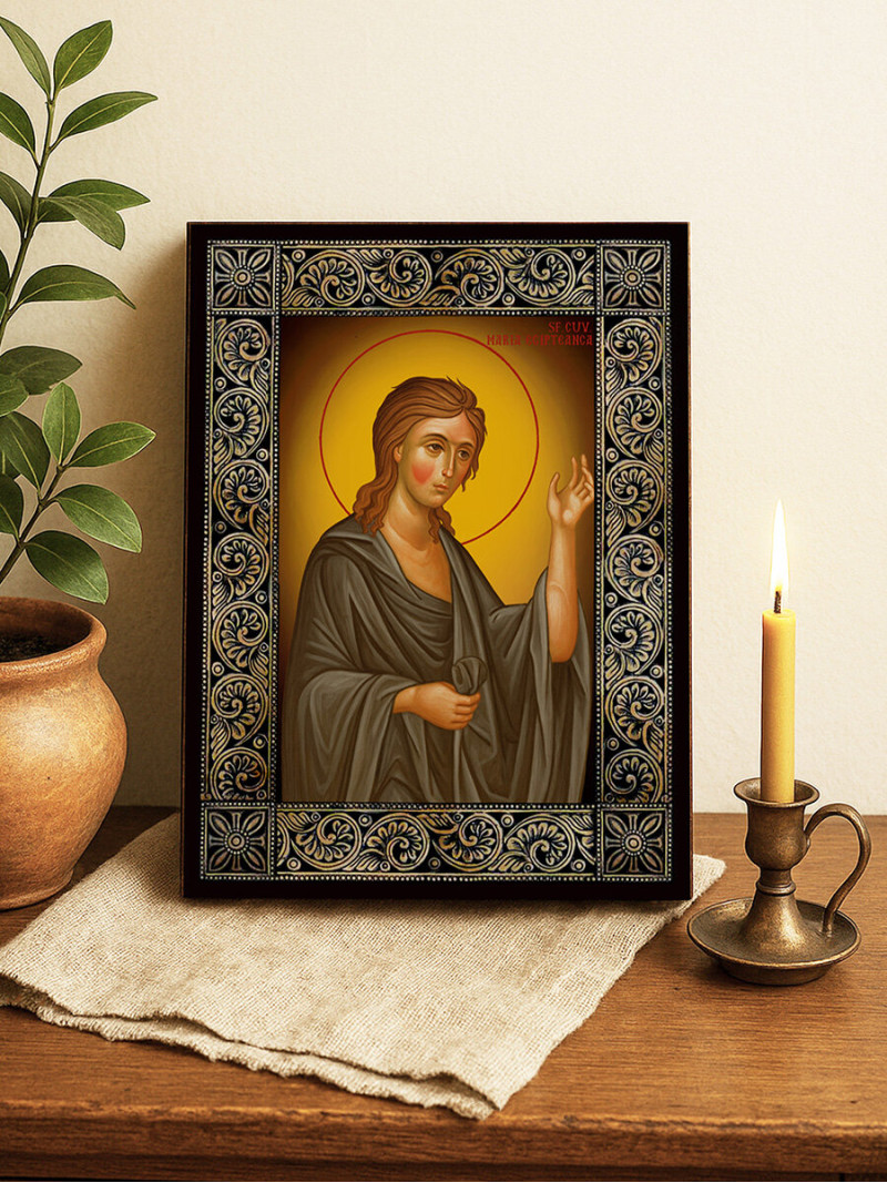 Icoană cu Sfânta Maria Egipteana și ramă florală decorativă