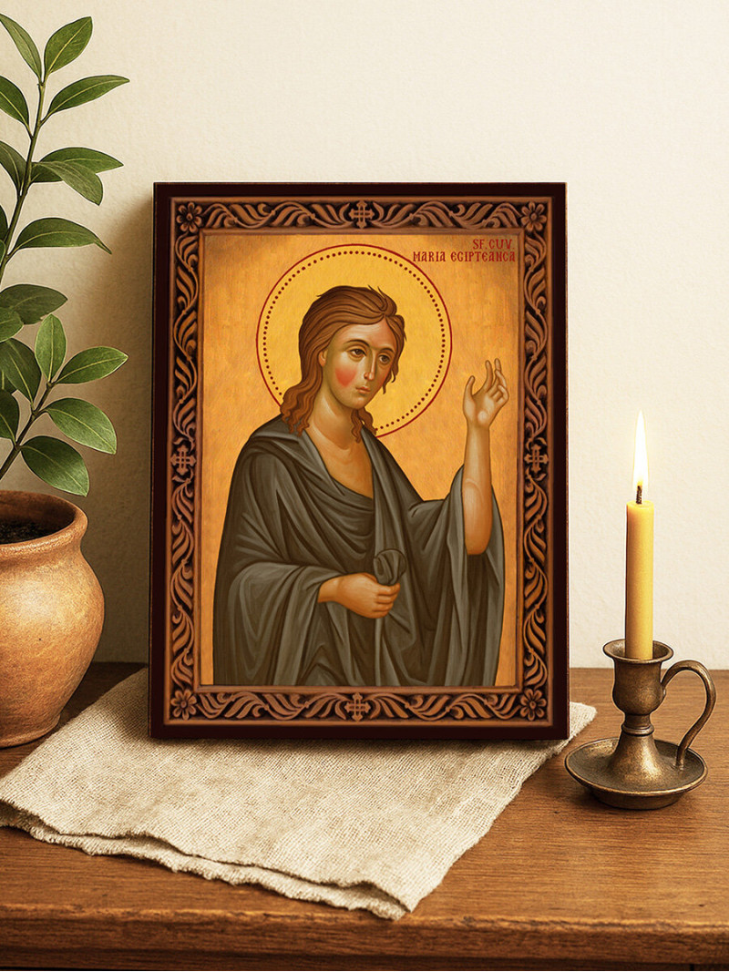 Icoană cu Sfânta Maria Egipteana cu ramă decorativă rustică