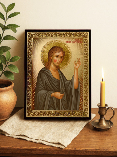 Icoană aurită cu Sfânta Maria Egipteana și raze luminoase
