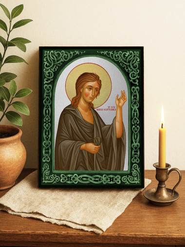 Icoană cu Sfânta Maria Egipteana cu arcadă florală verde și fundal argintiu