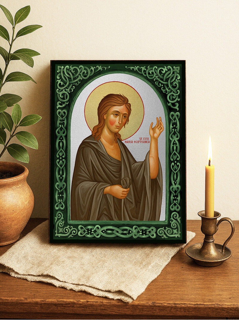 Icoană cu Sfânta Maria Egipteana cu arcadă florală verde și fundal argintiu