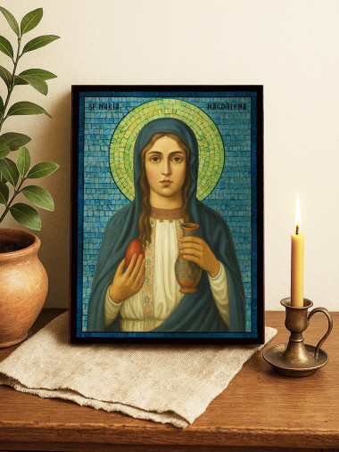 Icoană cu Sfânta Maria Magdalena cu mozaic argintiu albastru
