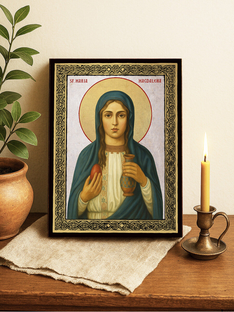 Icoană din argint cu Sfânta Maria Magdalena și ramă aurită