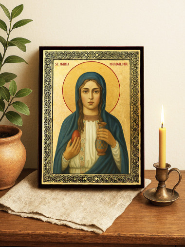 Icoană aurită cu Sfânta Maria Magdalena și ramă decorativă