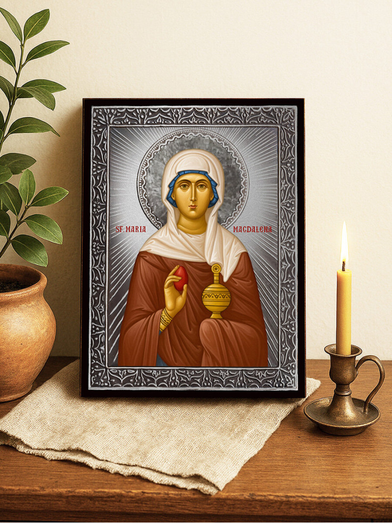 Icoană din argint cu Sfânta Maria Magdalena și raze decorative