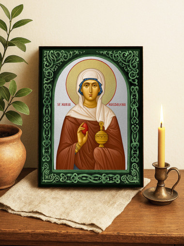 Icoană cu Sfânta Maria Magdalena cu arcadă florală verde și fundal argintiu