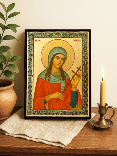 Icoană aurită cu Sfânta Marina și ramă decorativă