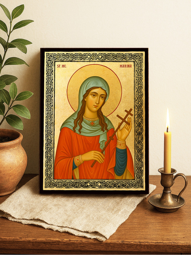 Icoană aurită cu Sfânta Marina și ramă decorativă