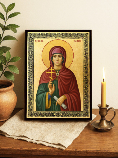 Icoană aurită cu Sfânta Marina și ramă decorativă
