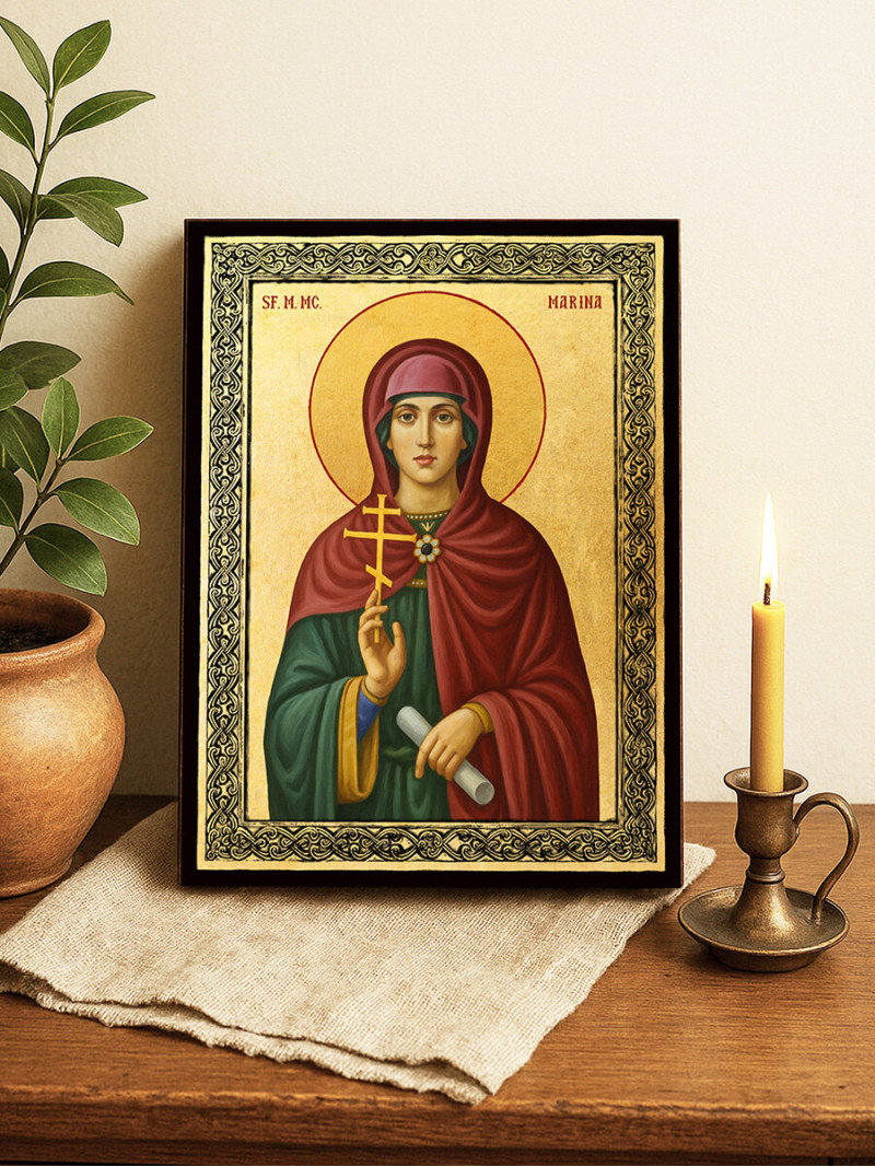 Icoană aurită cu Sfânta Marina și ramă decorativă
