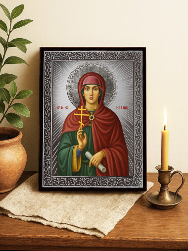 Icoană din argint cu Sfânta Marina și raze decorative