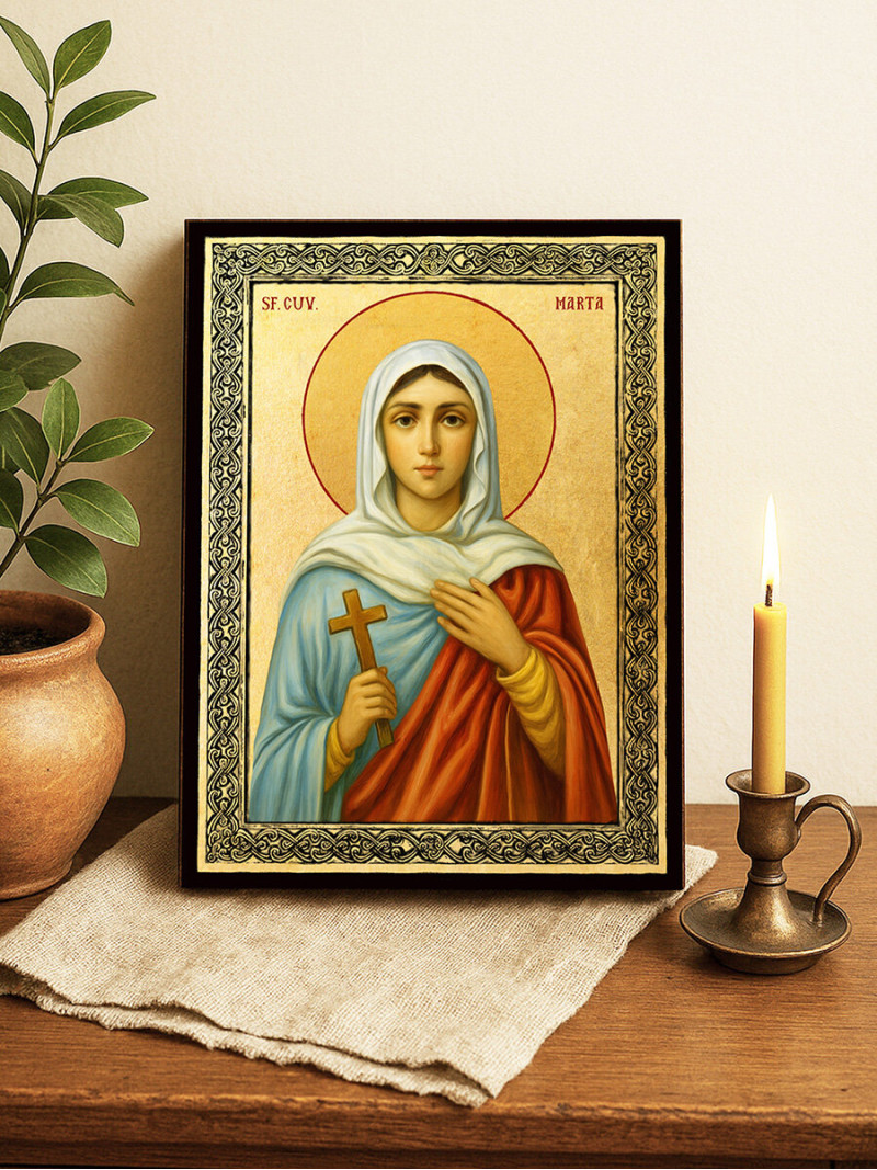 Icoană aurită cu Sfânta Marta și ramă decorativă