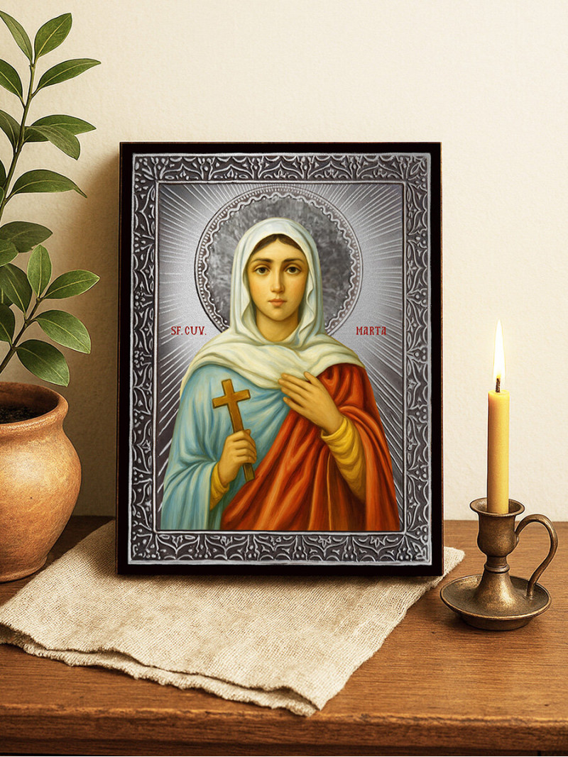 Icoană din argint cu Sfânta Marta și raze decorative