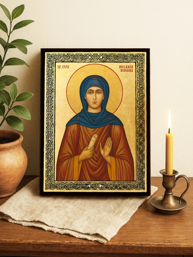 Icoană aurită cu Sfânta Melania Romana și ramă decorativă