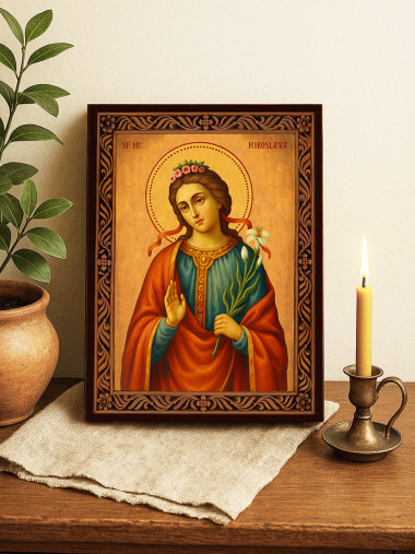 Icoană cu Sfânta Miroslava cu ramă decorativă rustică